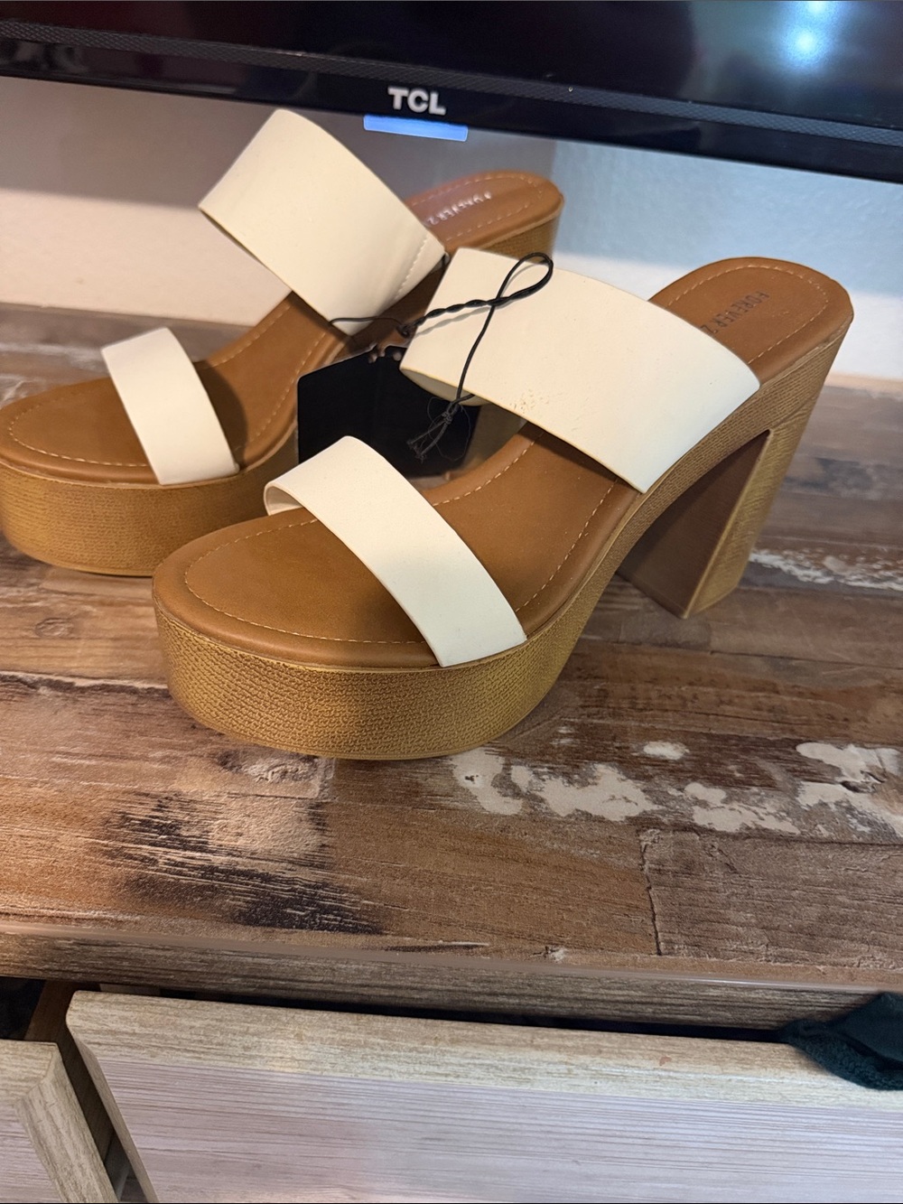 Forever 21 Cream Strap Platform Block Heels with Tan Platform